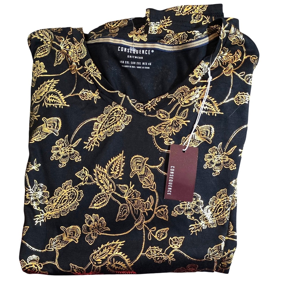 Consequence Knitwear‎ Black Gold Paisley V Neck Tee Shirt fashionable 2XL